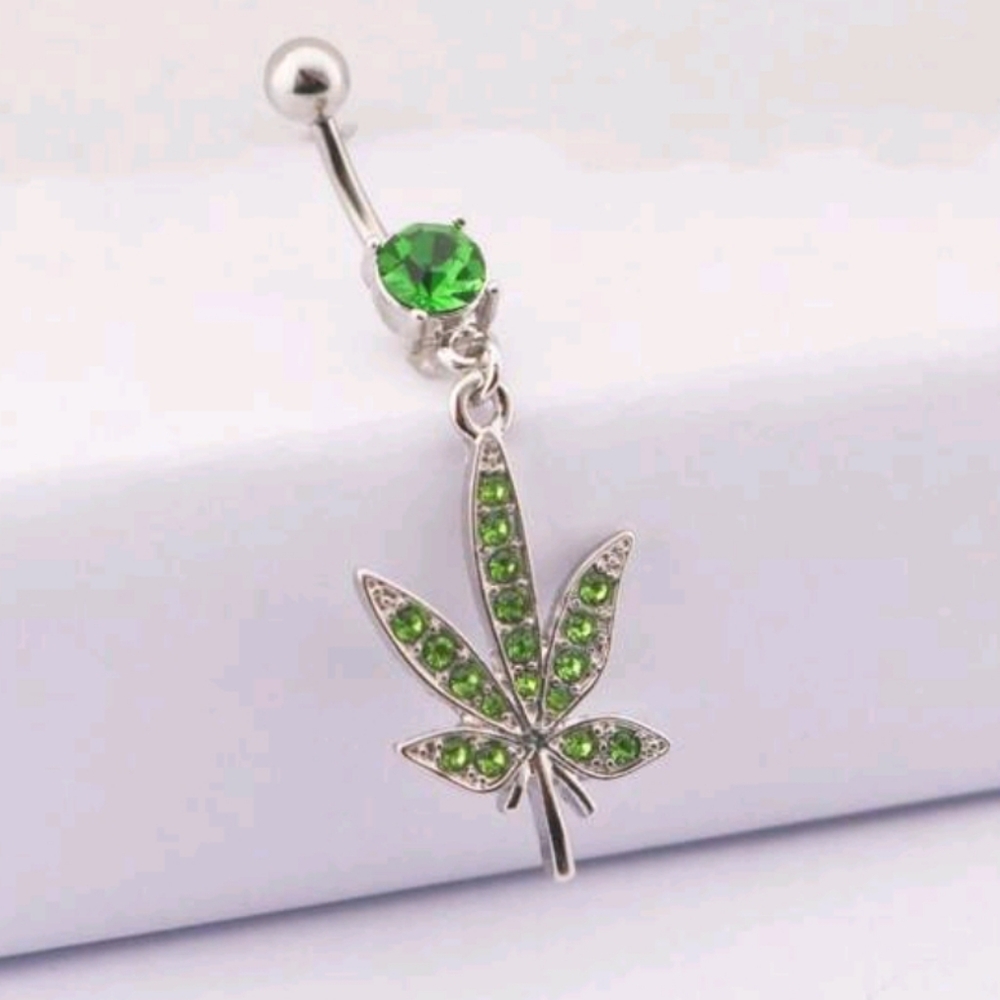 420 Weed Leaf Dangling Bellybutton Ring Jewelry (OS)
